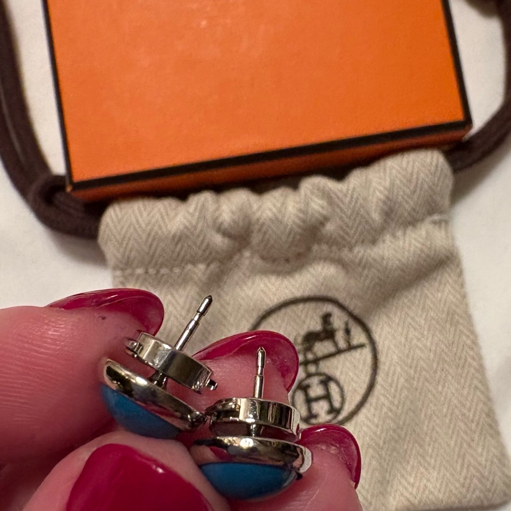 Hermès Eclipse Earrings Teal Blue & Silver ULTRA RARE - Picture 8 of 9
